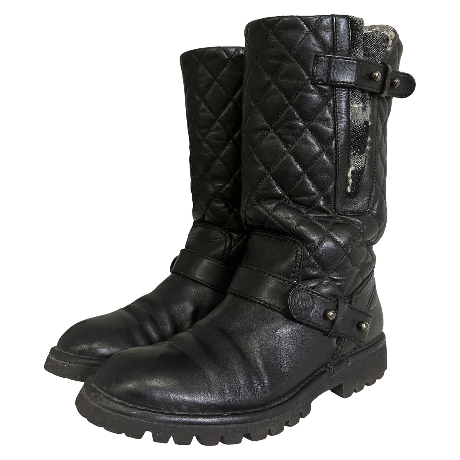 Stivali Chanel Biker in pelle nera Tweed