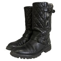 Stivali Chanel Biker in pelle nera Tweed