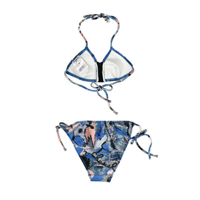 Brand New Chanel Bikini

Made in Italy.
Size : bottom 34FR / top 36FR (both runs small)
Material : polyester
Lining : cotton
Color : blue, pink
Year: 2022
Details : blue topstitching, silver metal beads with CC logo on cords, sequin pattern with