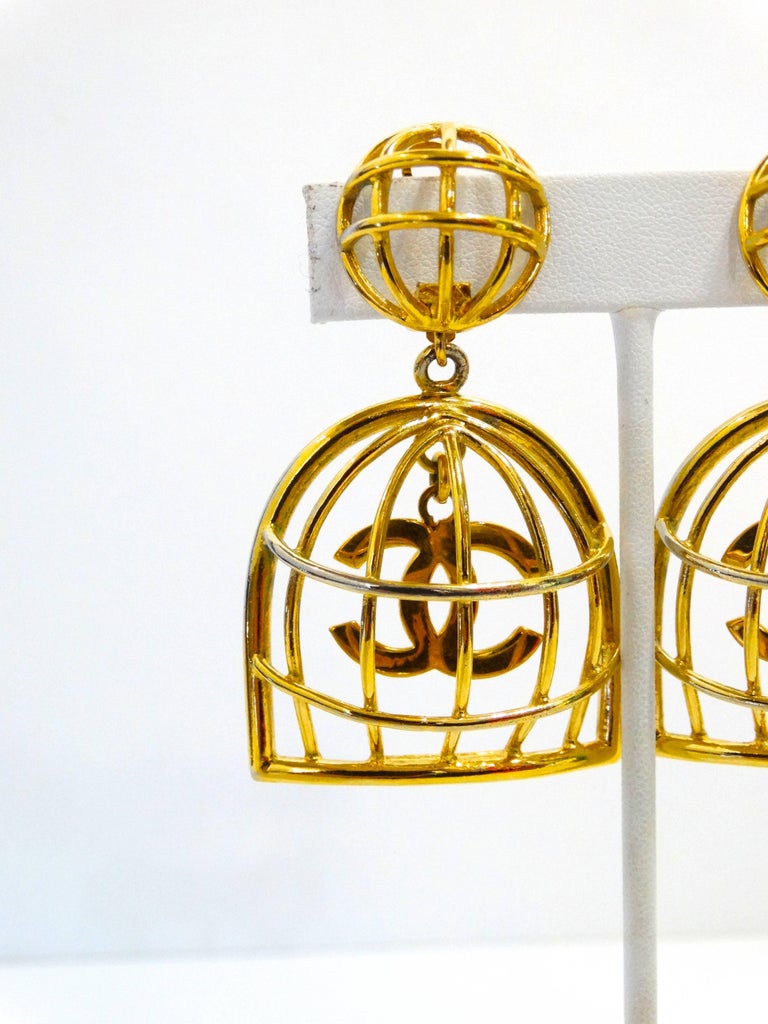 Chanel Birdcage Large CC Logo Clip Earrings 1990s at 1stDibs