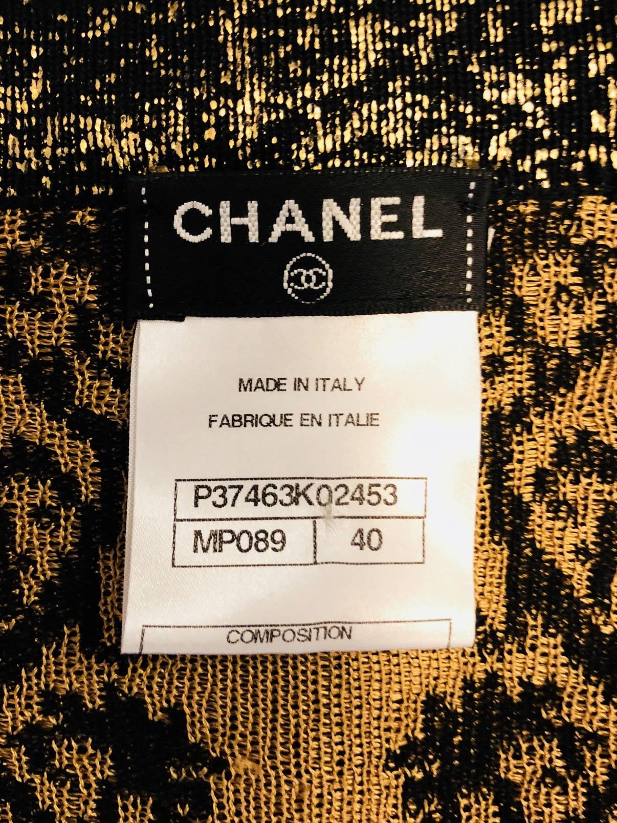Chanel Black & Gold Tone Cotton Knit Jacquard  Print  Long Sleeve Dress In Excellent Condition In Palm Beach, FL