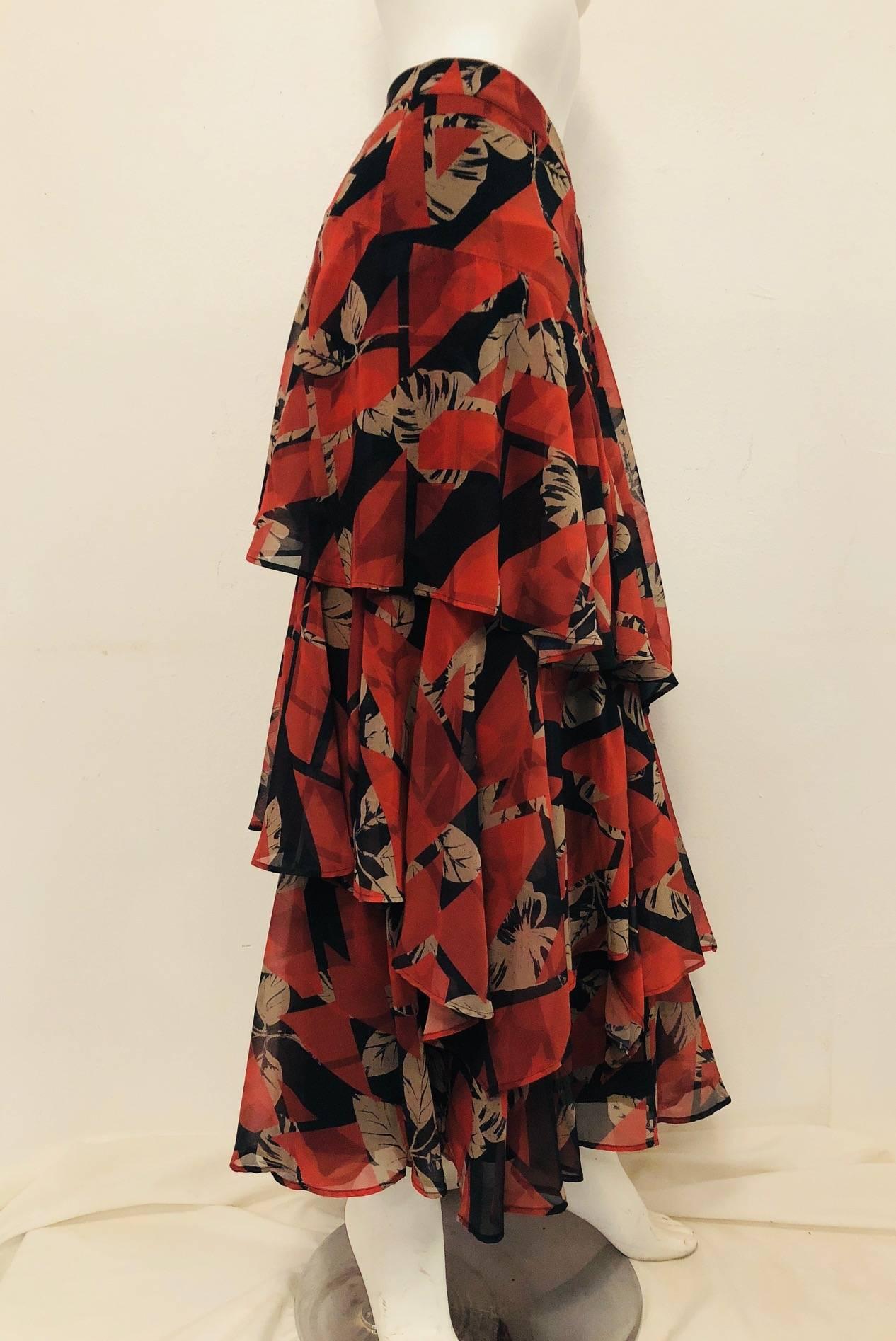 Chanel Black & Terracotta Long Ruffle Layered Cotton Skirt In Excellent Condition In Palm Beach, FL