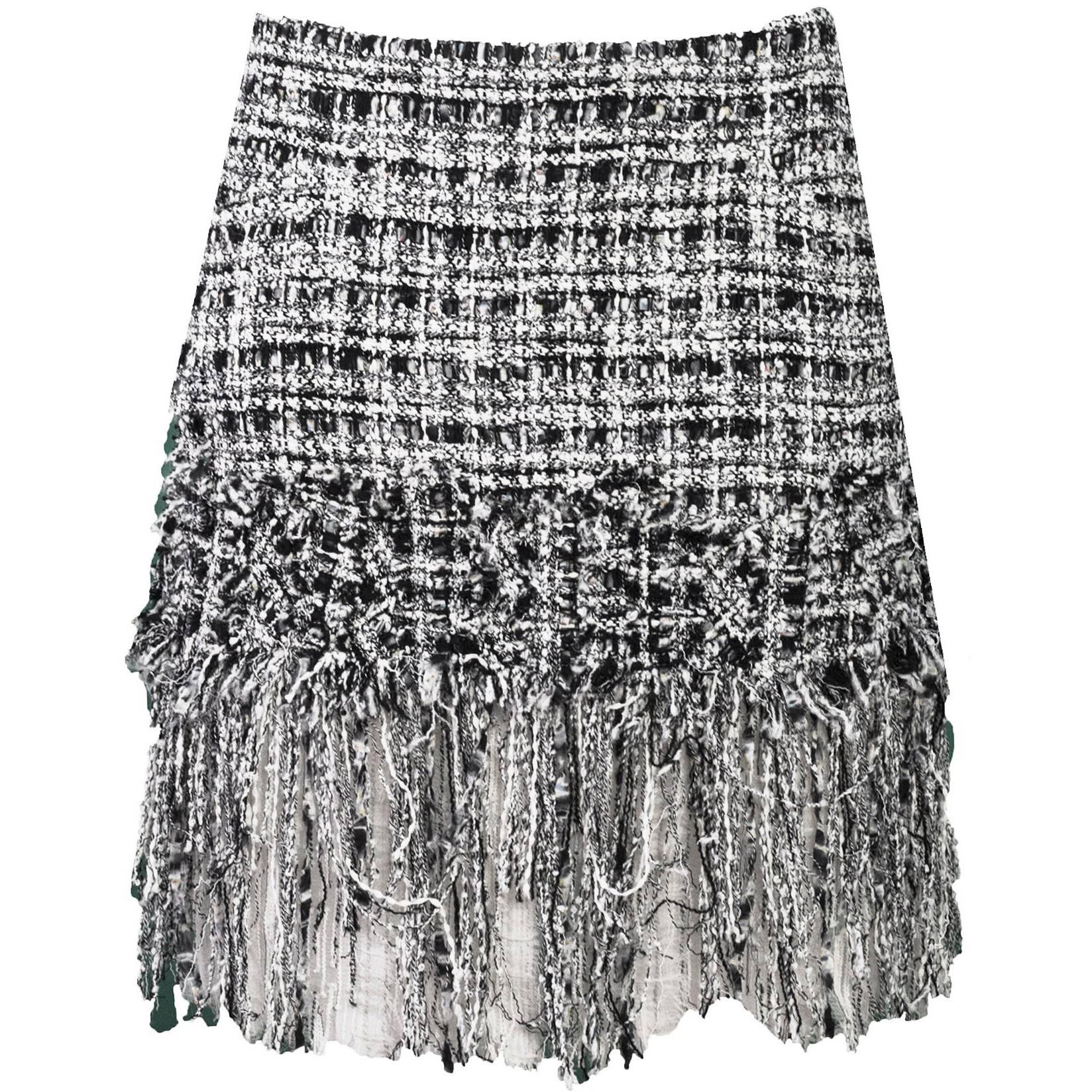 Chanel Black & White Tweed Fringe Skirt Sz FR40