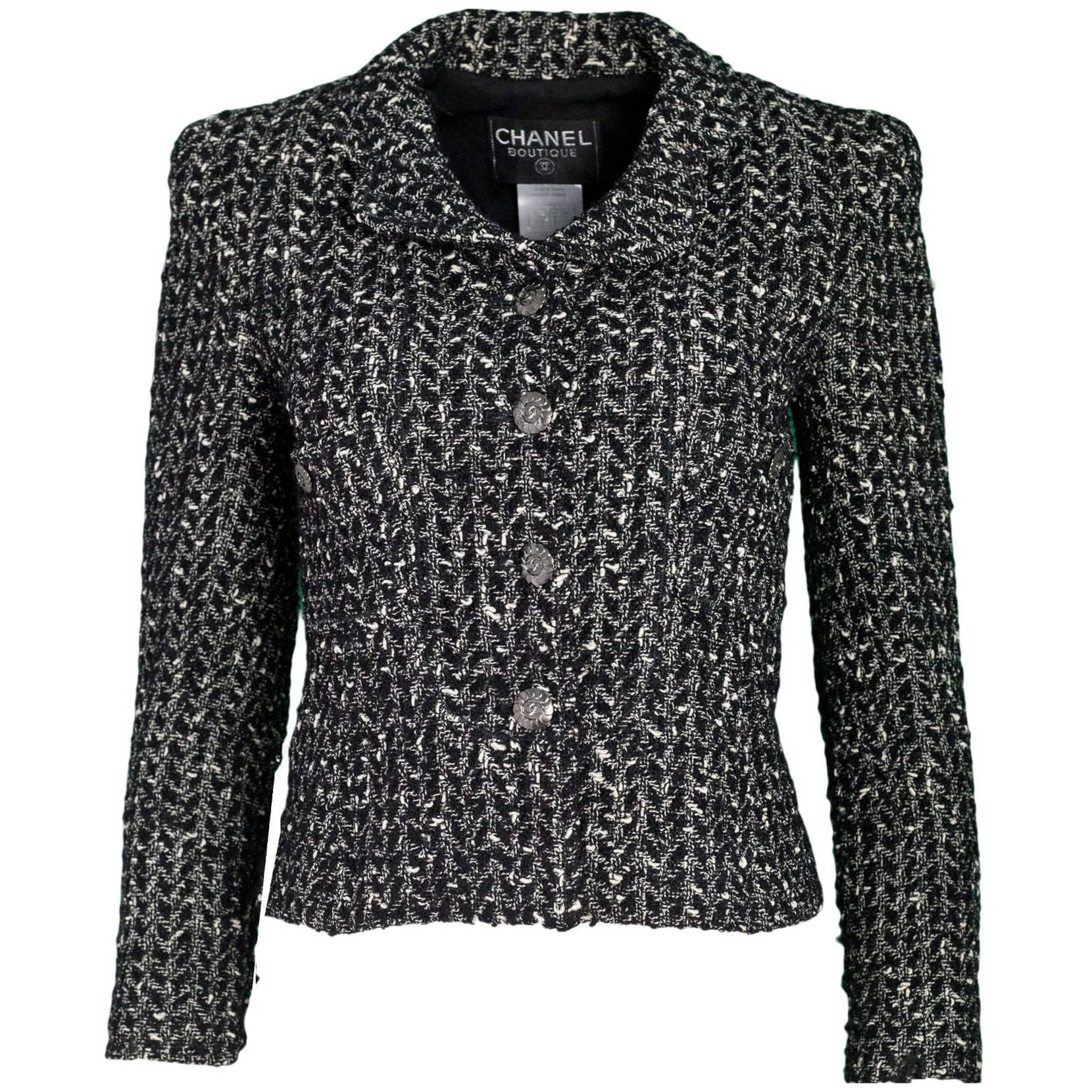 Chanel Black & White Wool Tweed Jacket Sz FR34