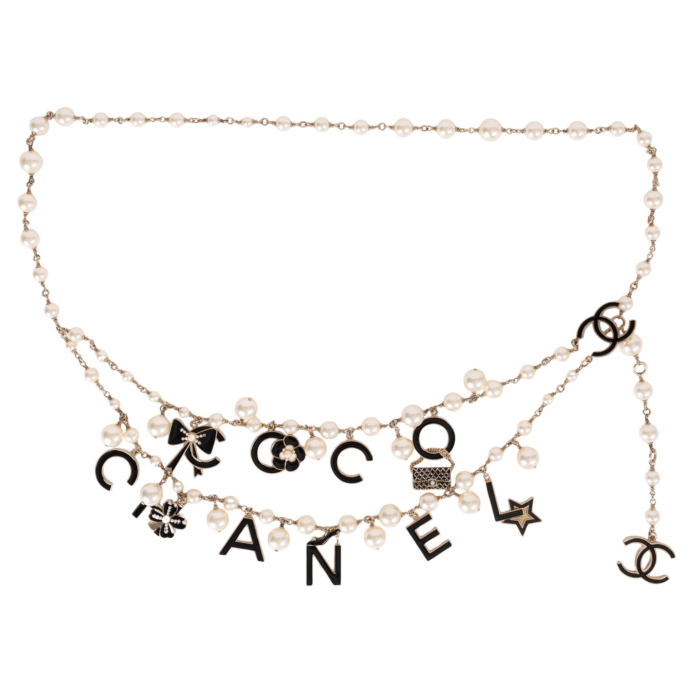 CHANEL nero 07P COCO CHARMS PEARL CHAIN Cintura L in vendita