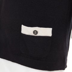 CHANEL black 100% cashmere white contrast trim CC button pocket pullover FR40 L