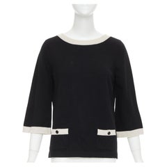 CHANEL black 100% cashmere white contrast trim CC button pocket pullover FR40 L