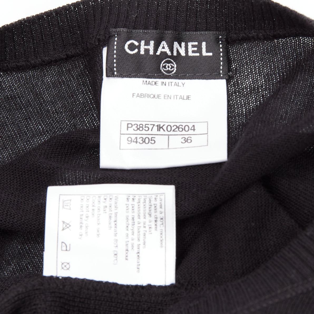 CHANEL black 100% cotton CC logo short sleeve knitted top FR36 S For Sale 3