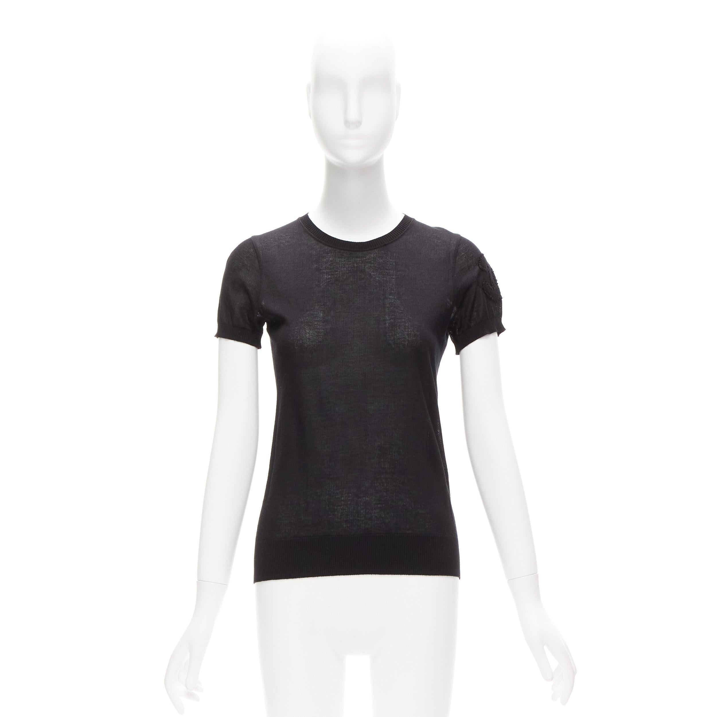 CHANEL black 100% cotton CC logo short sleeve knitted top FR36 S For Sale 4