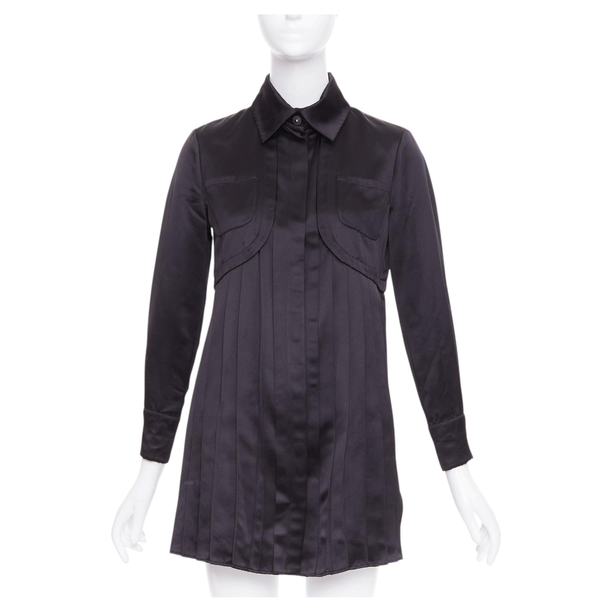 CHANEL black 100% silk pocketed gun flap pleated tunic shirt dress FR34 XS