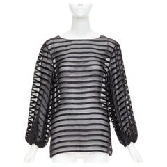 CHANEL black 100% silk sheer striped chiffon puff sleeve blouse FR36 S