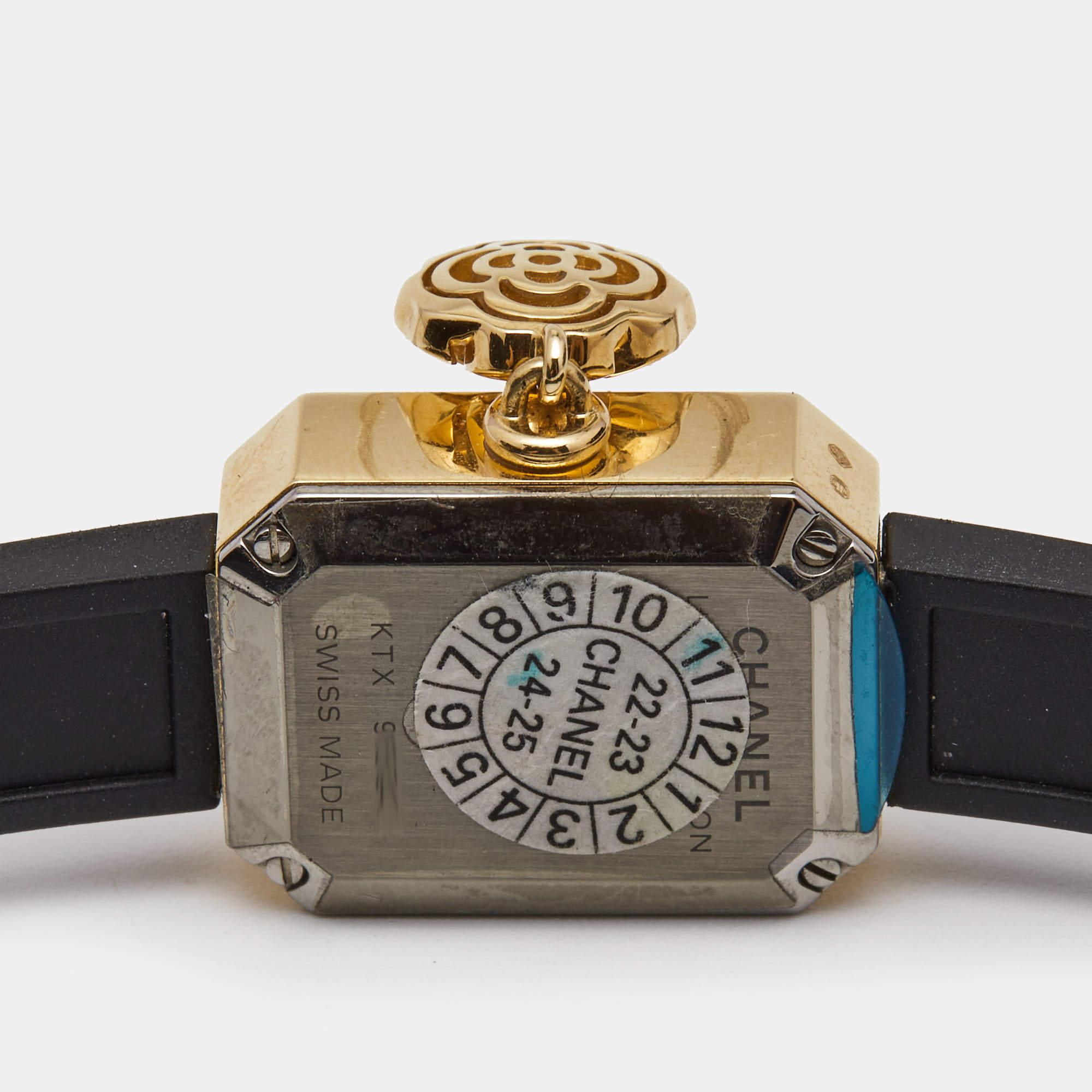 The Premiere watch by Chanel was the first timepiece from the house and instead of a round case, it has a rectangular one with cut edges, mimicking the bottle stopper of Chanel No.5 perfume. This Première Extrait De Camélia H6361 watch in 18k yellow