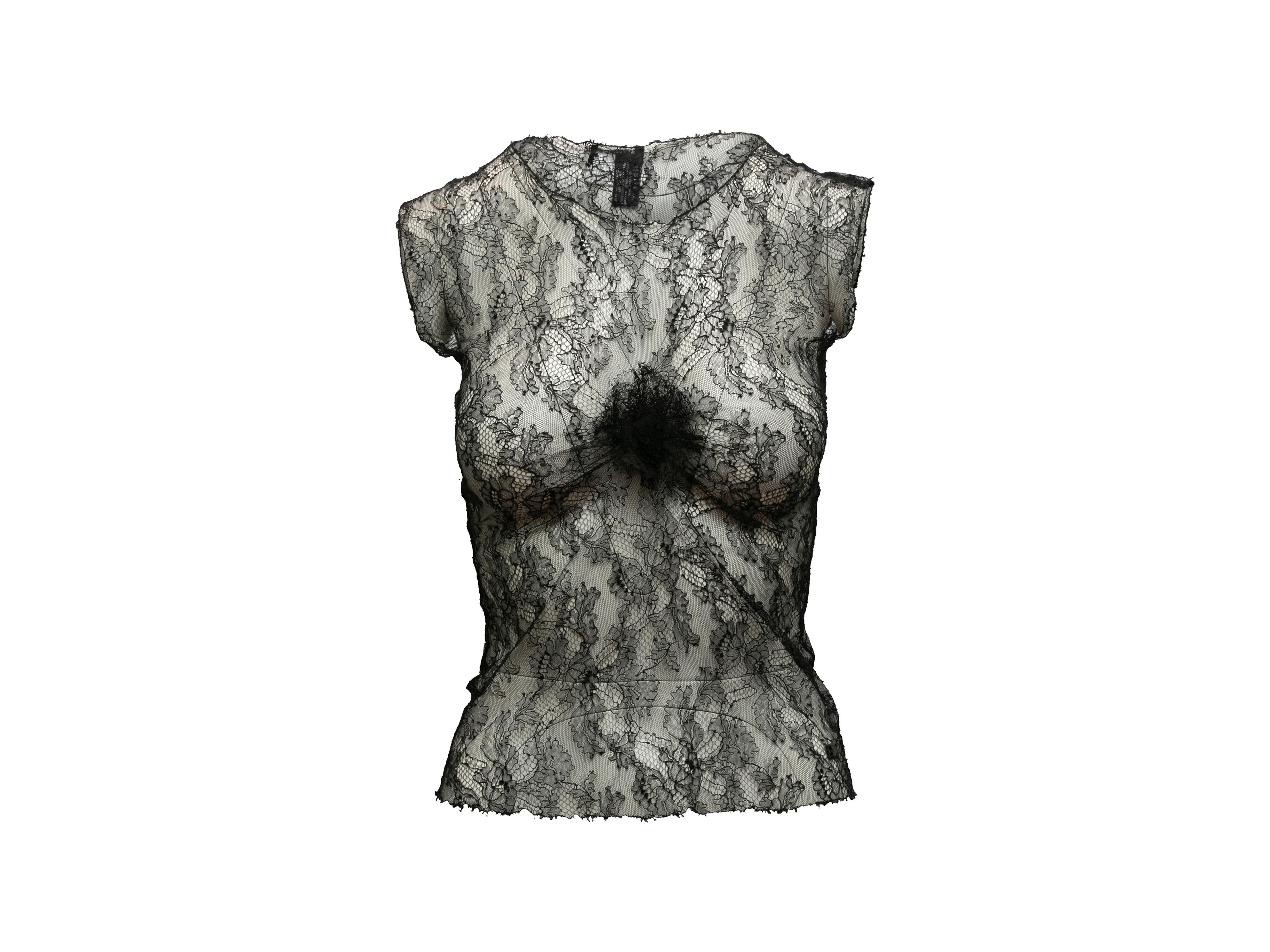 Product details: Black sheer sleeveless lace top by Chanel. Circa 2004. Crew neck. 30
