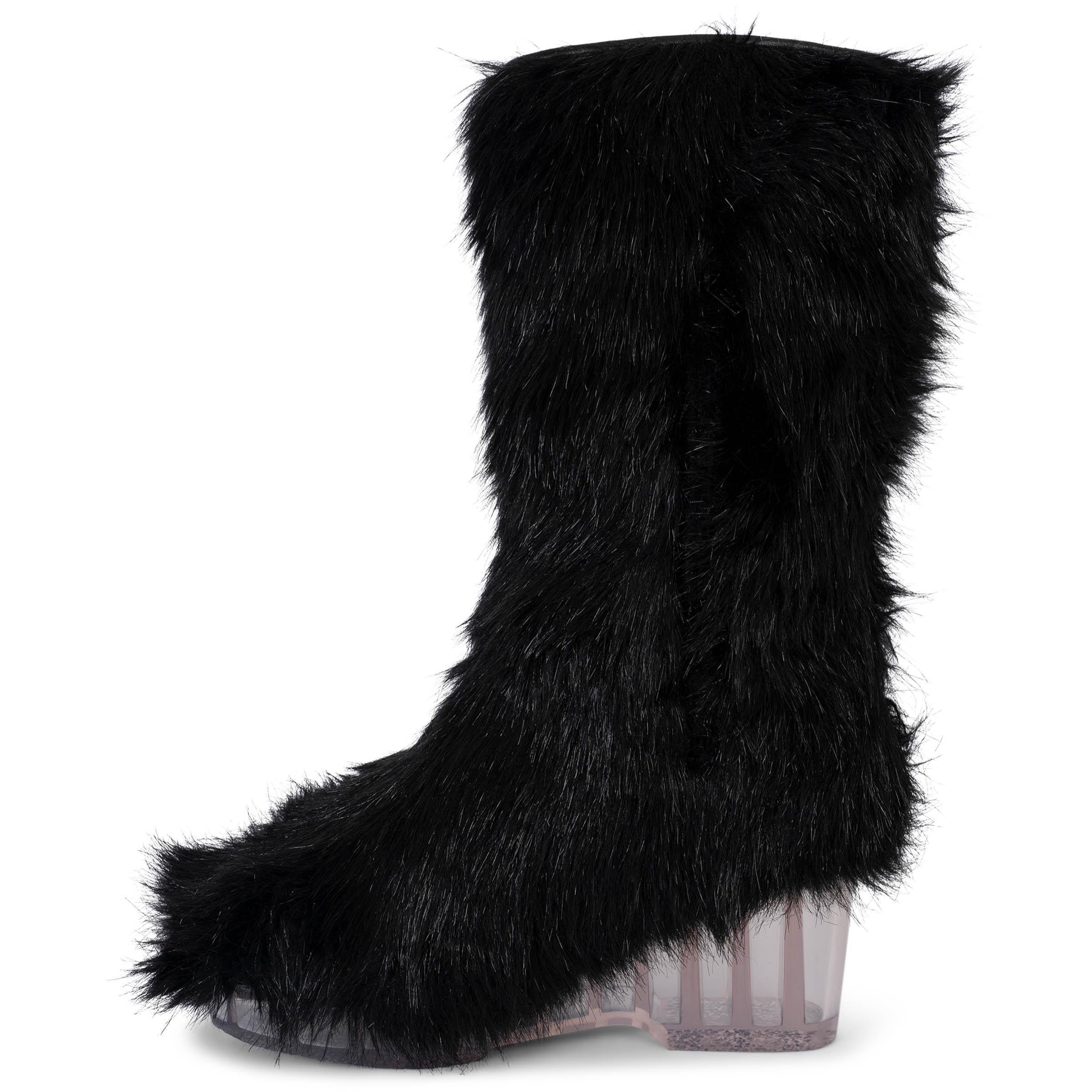 Black CHANEL black 2010 10K FAUR FUR WEDGE Boots Shoes 40 For Sale