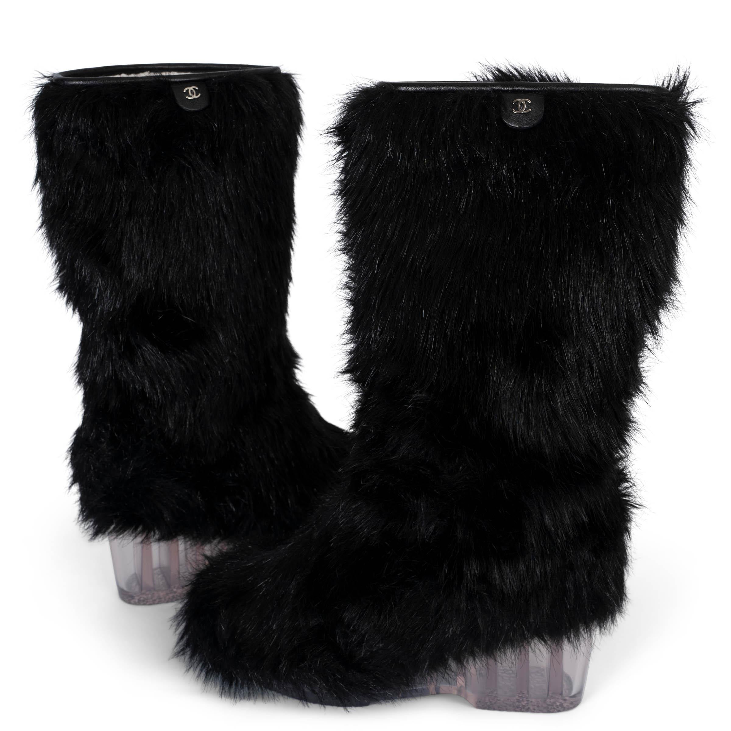 CHANEL black 2010 10K FAUR FUR WEDGE Boots Shoes 40 For Sale 2