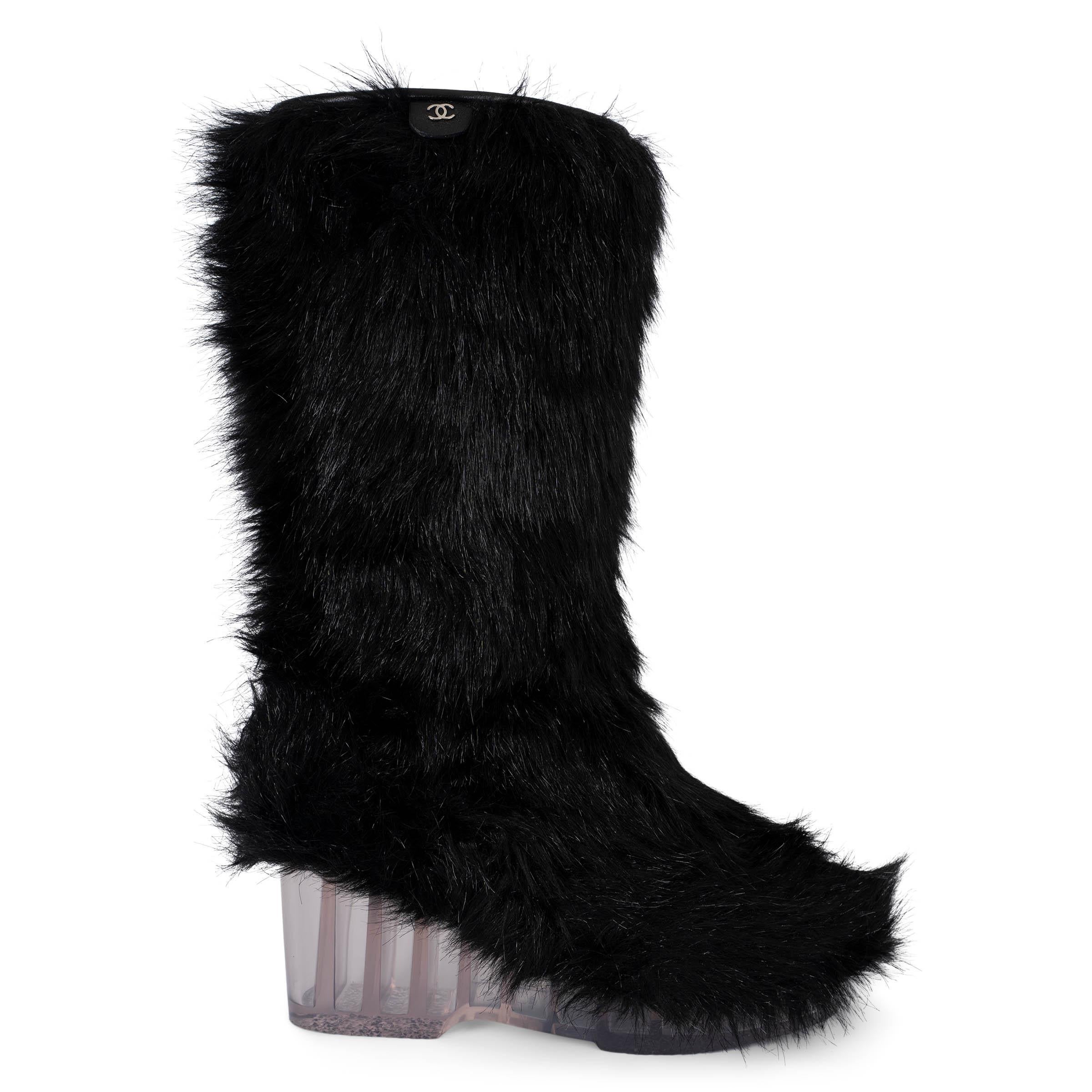 CHANEL black 2010 10K FAUR FUR WEDGE Boots Shoes 40 For Sale