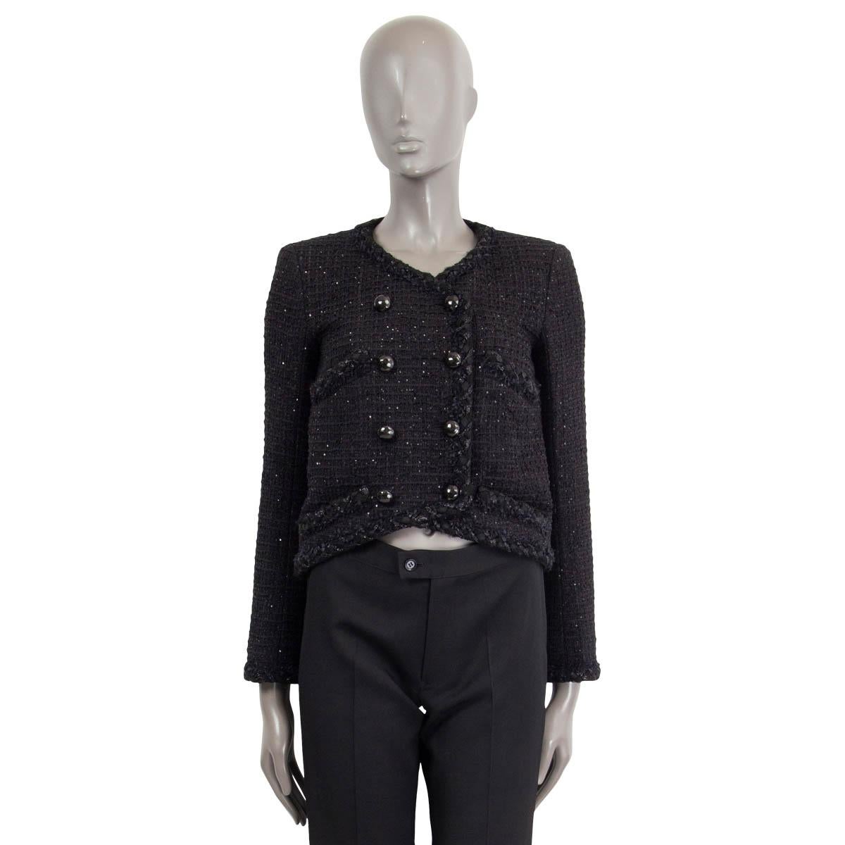 Black CHANEL black 2015 15P SEQUIN TWEED DOUBLE BREASTED Jacket 34 XXS For Sale