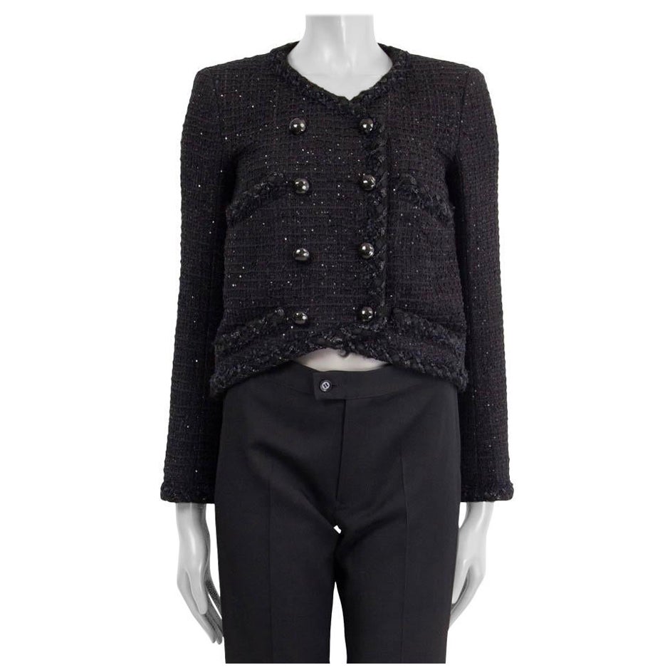 CHANEL black 2015 15P SEQUIN TWEED DOUBLE BREASTED Jacket 38 S For Sale