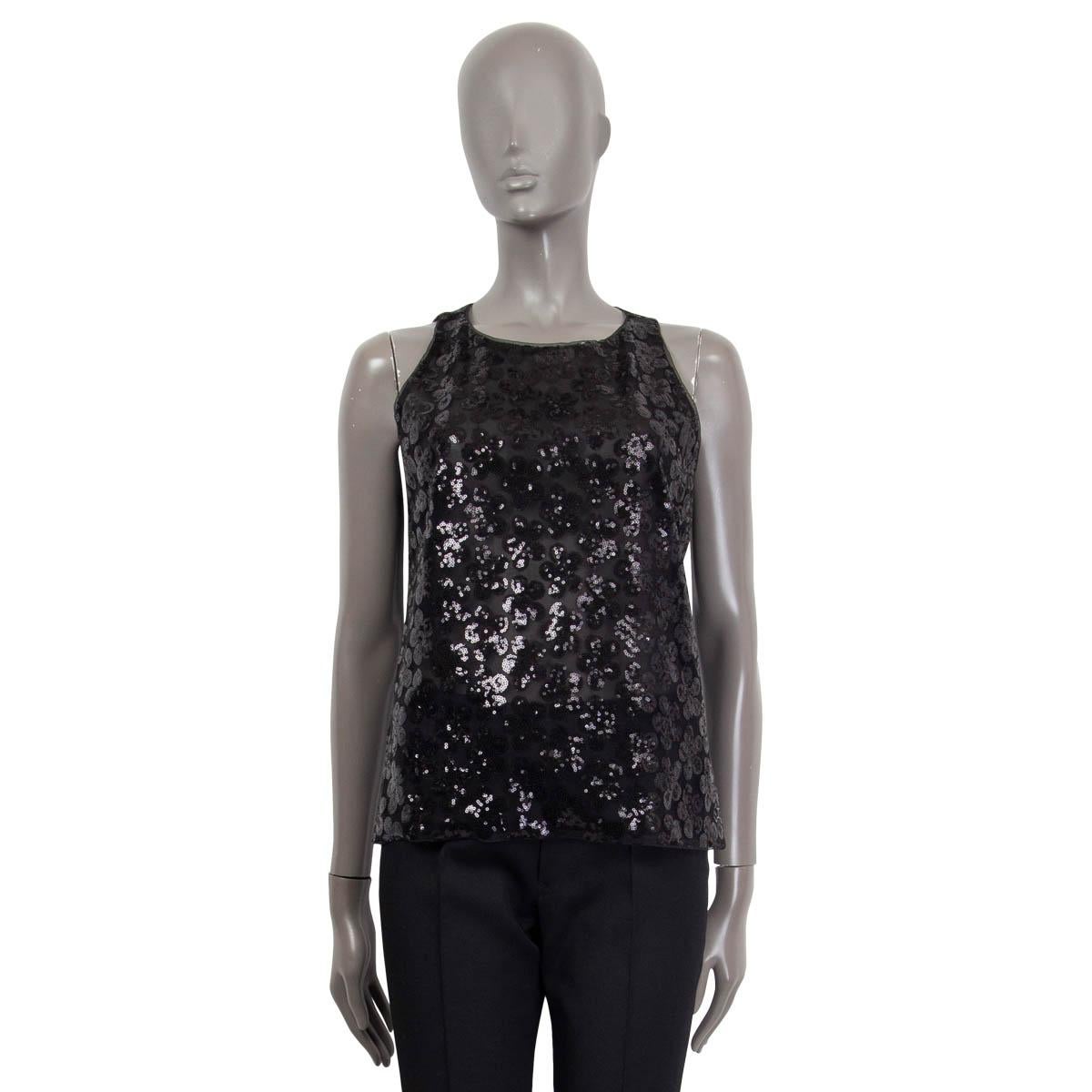 CHANEL black 2015 FLORAL SEQUIN Tank Top Sleeveless Shirt 40 M For Sale