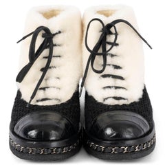 CHANEL black 2016 16B CHAIN & FUR TRIM TWEED ANKLE Boots Shoes 38