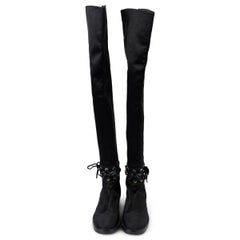 CHANEL black 2016 16K CUT-OUT SATIN OVER-KNEE Boots Shoes 39 fit 38.5