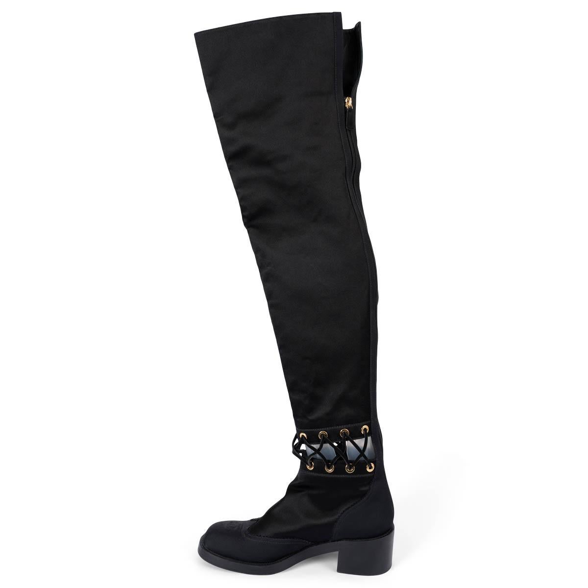 Women's CHANEL black 2016 16K CUT-OUT SATIN OVER-KNEE Boots Shoes 39 fit 38.5 For Sale