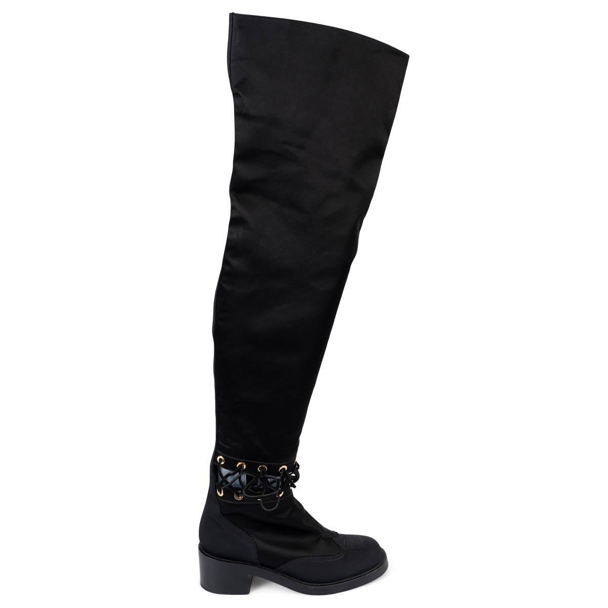 CHANEL black 2016 16K CUT-OUT SATIN OVER-KNEE Boots Shoes 39 fit 38.5 For Sale