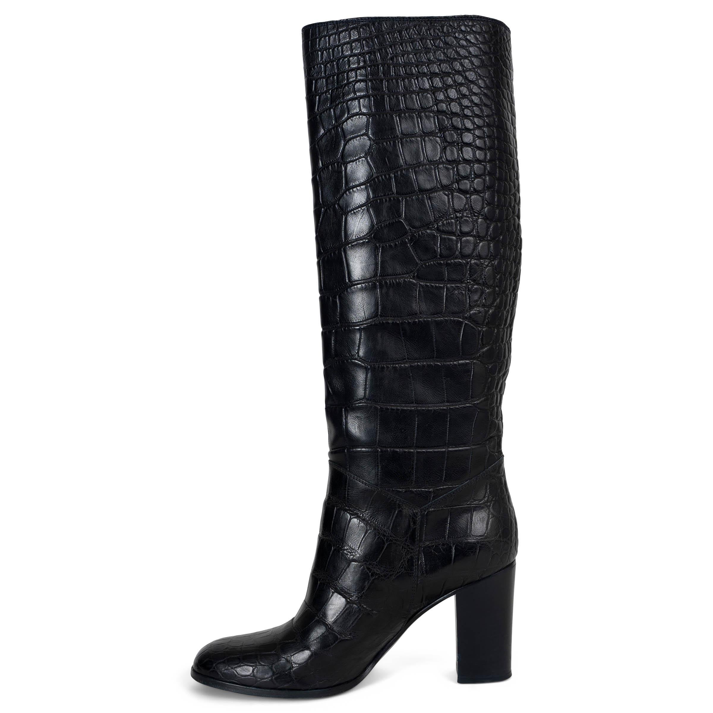 CHANEL schwarze 2016 CROC KNEE-HIGH Stiefel Schuhe 39,5 (Schwarz) im Angebot