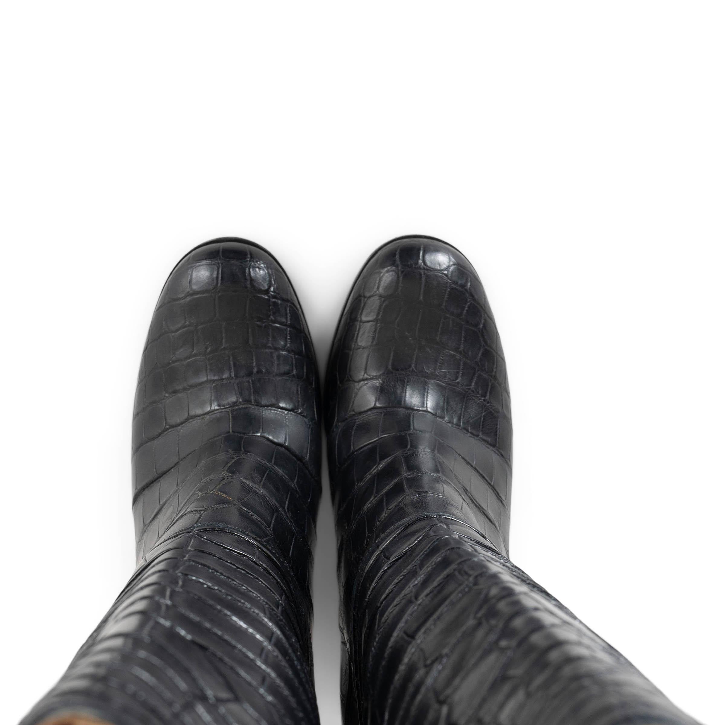 CHANEL schwarze 2016 CROC KNEE-HIGH Stiefel Schuhe 39,5 im Angebot 1
