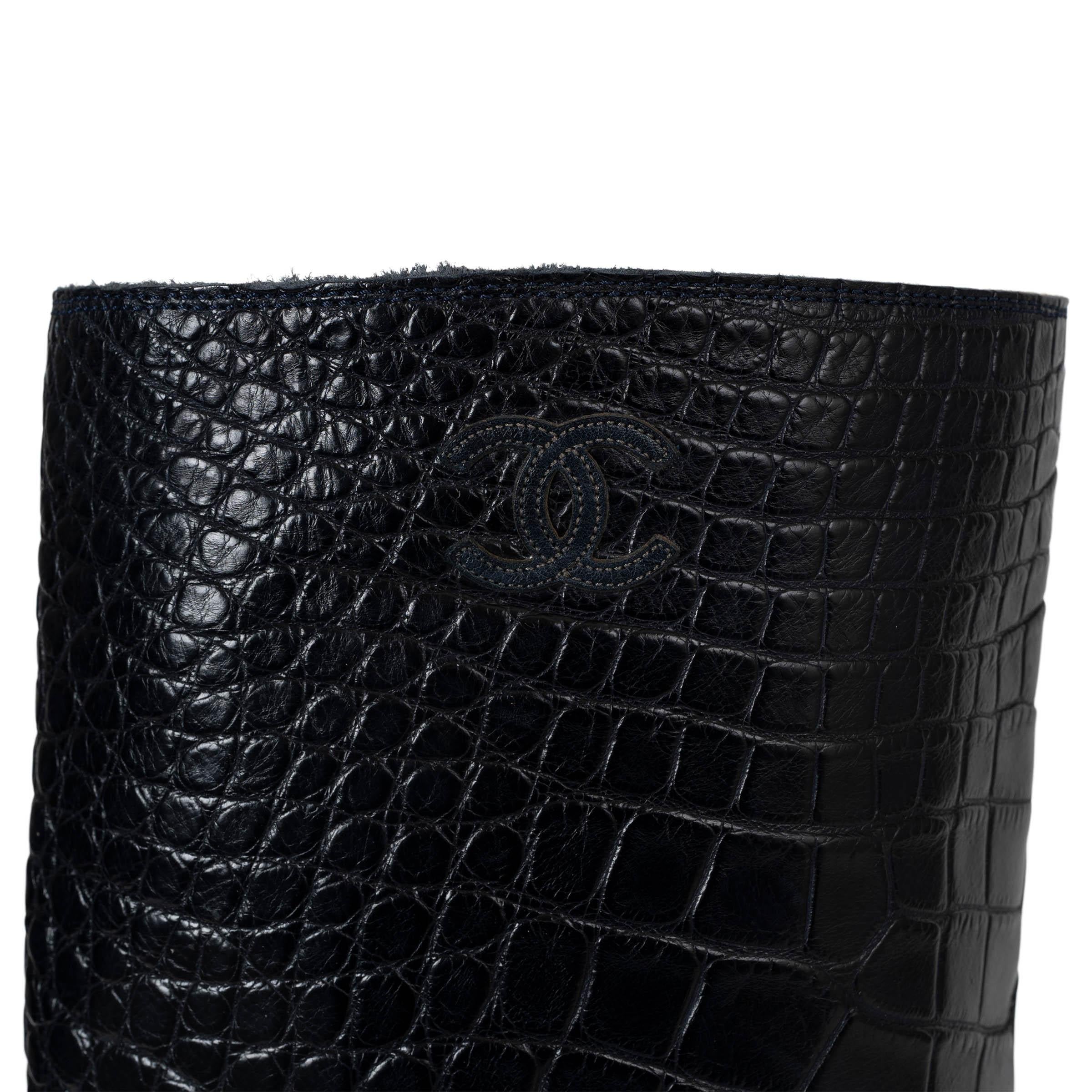 CHANEL schwarze 2016 CROC KNEE-HIGH Stiefel Schuhe 39,5 im Angebot 2