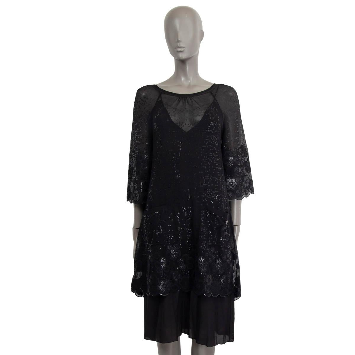 Black CHANEL black 2017 17P SEQUIN CAMELLIA SHEER SHIFT Dress 38 S For Sale