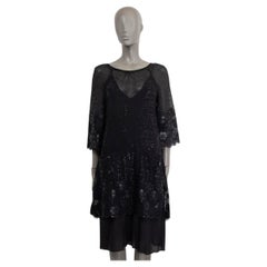 CHANEL black 2017 17P SEQUIN CAMELLIA SHEER SHIFT Dress 38 S