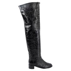 CHANEL black 2018 18B QUILTED CRINKLED LEATHER OVER-KNEE Boots Shoes 38.5