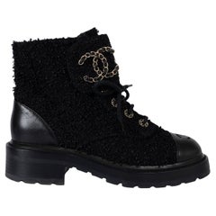 CHANEL black 20C TWEED COMBAT Ankle Boots Shoes 38 fit 37.5