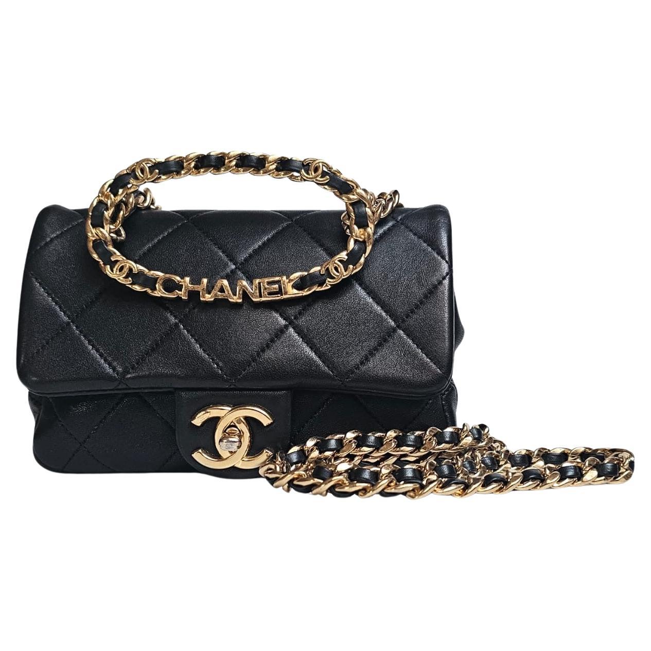 Chanel Black 23C Round Top Handle Mini Crossbody Flap Bag For Sale