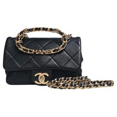 Used Chanel Black 23C Round Top Handle Mini Crossbody Flap Bag
