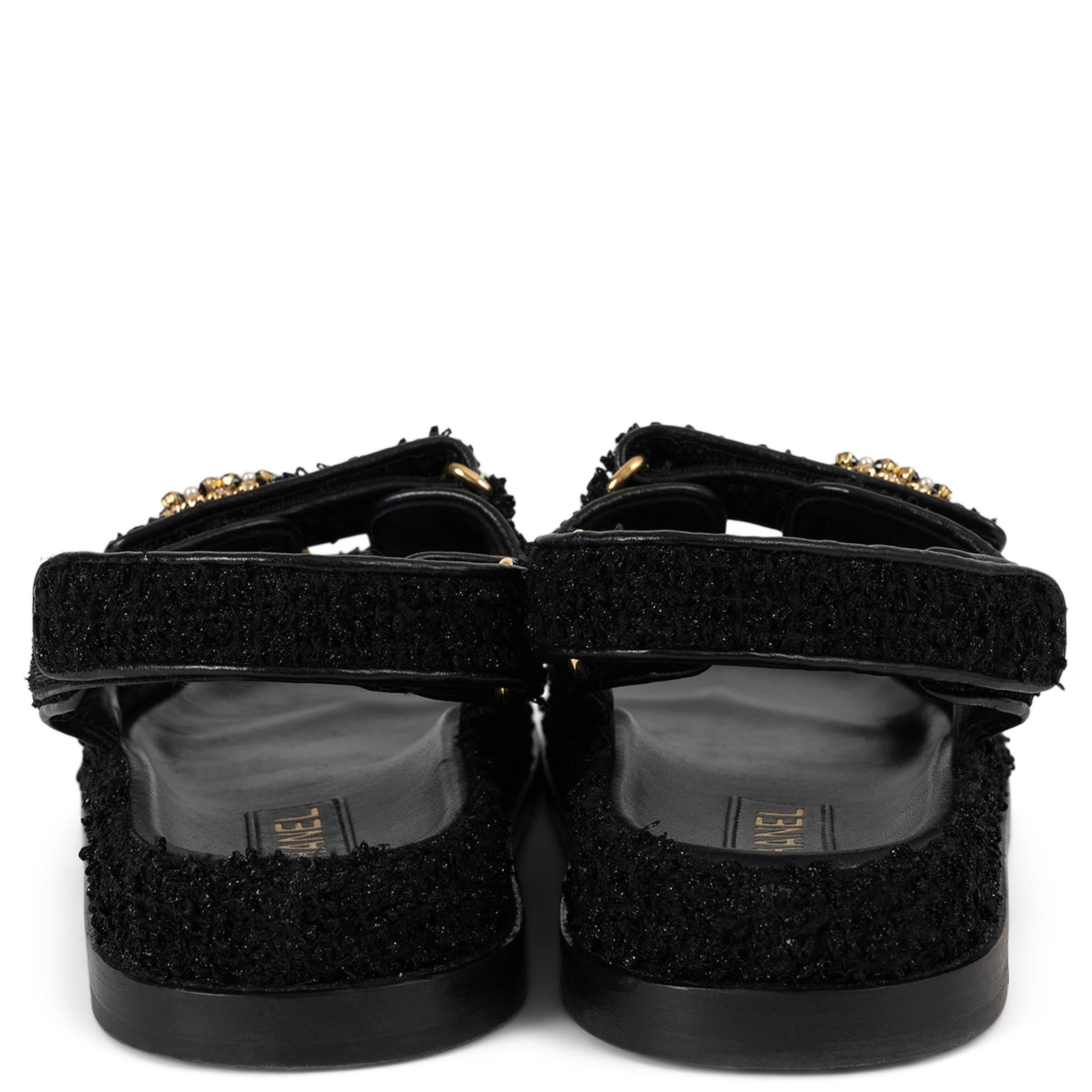 Women's CHANEL black 23S GLITTER TWEED DAD SLIDE Sandals Shoes 37.5 For Sale