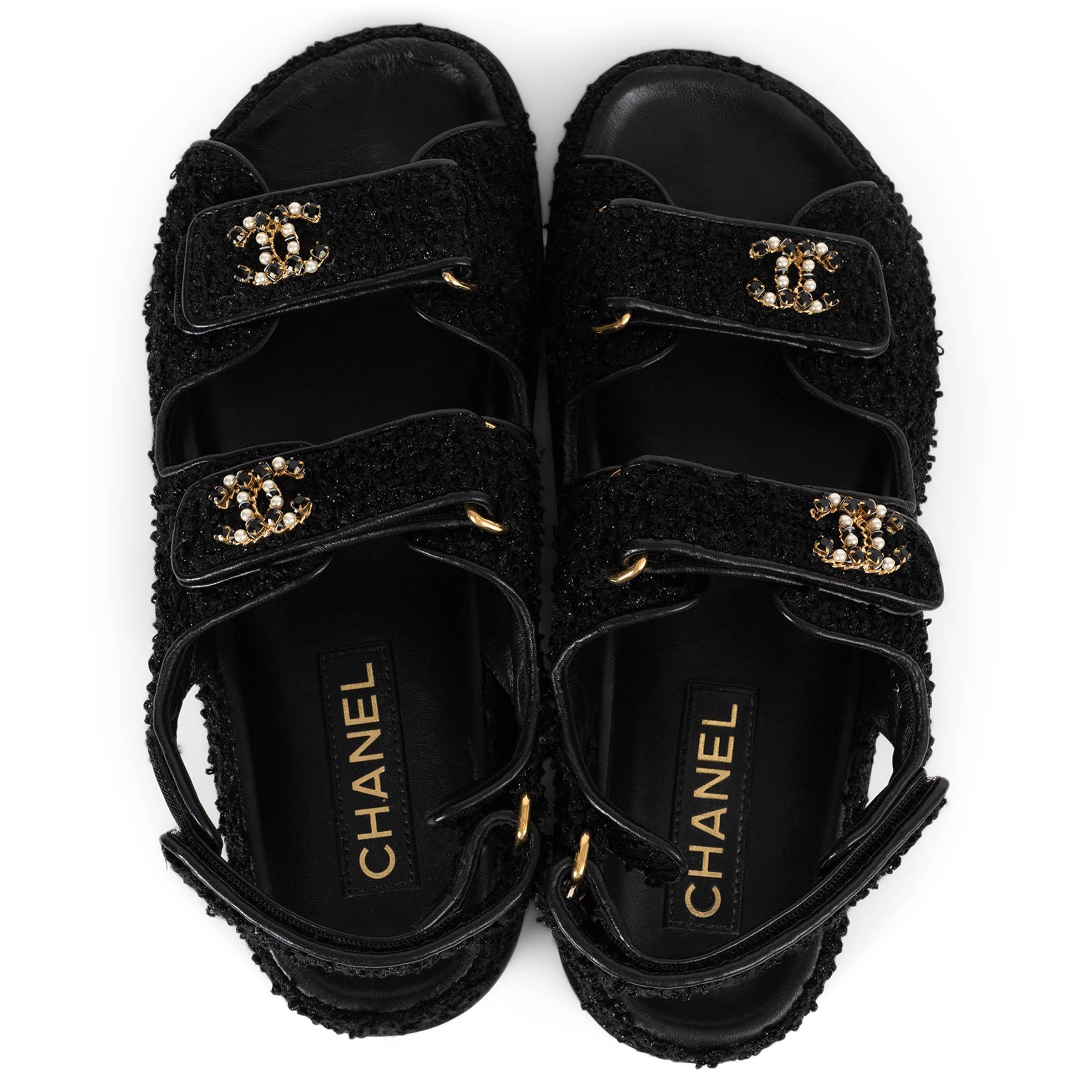 CHANEL black 23S GLITTER TWEED DAD SLIDE Sandals Shoes 37.5 For Sale 1