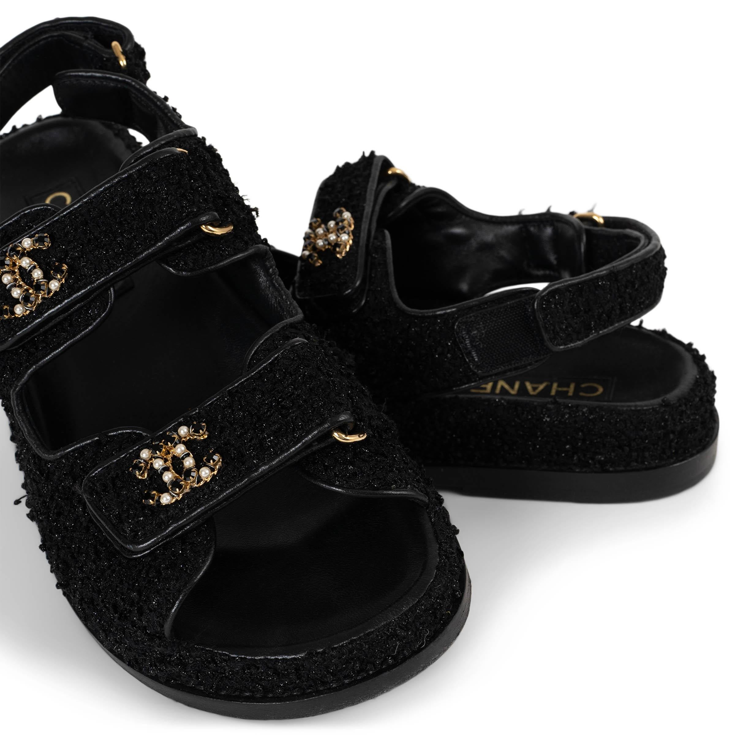 CHANEL black 23S GLITTER TWEED DAD SLIDE Sandals Shoes 37.5 For Sale 2