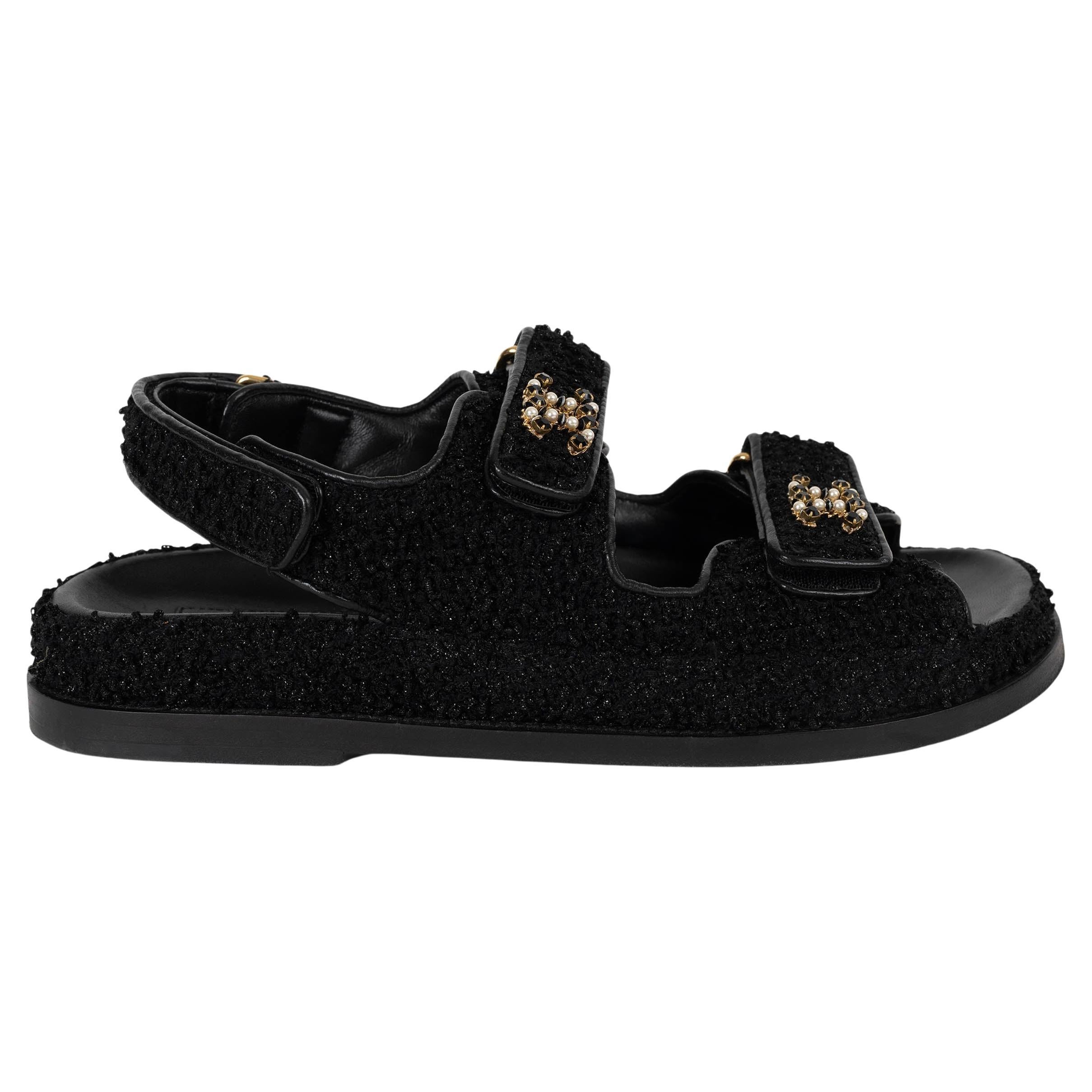 CHANEL black 23S GLITTER TWEED DAD SLIDE Sandals Shoes 37.5 For Sale