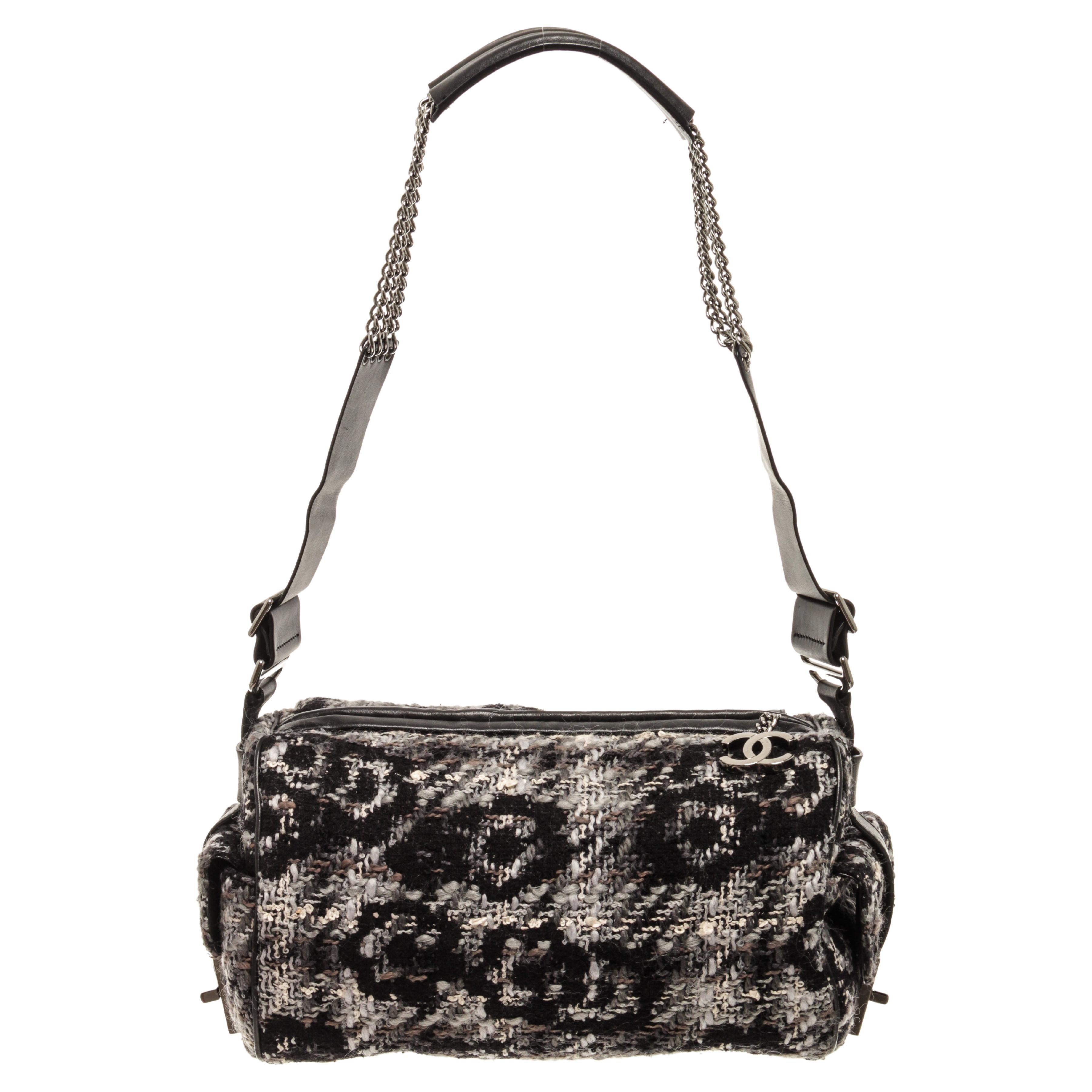 Chanel Black 2.55 Tweed Chain Shoulder Bag For Sale