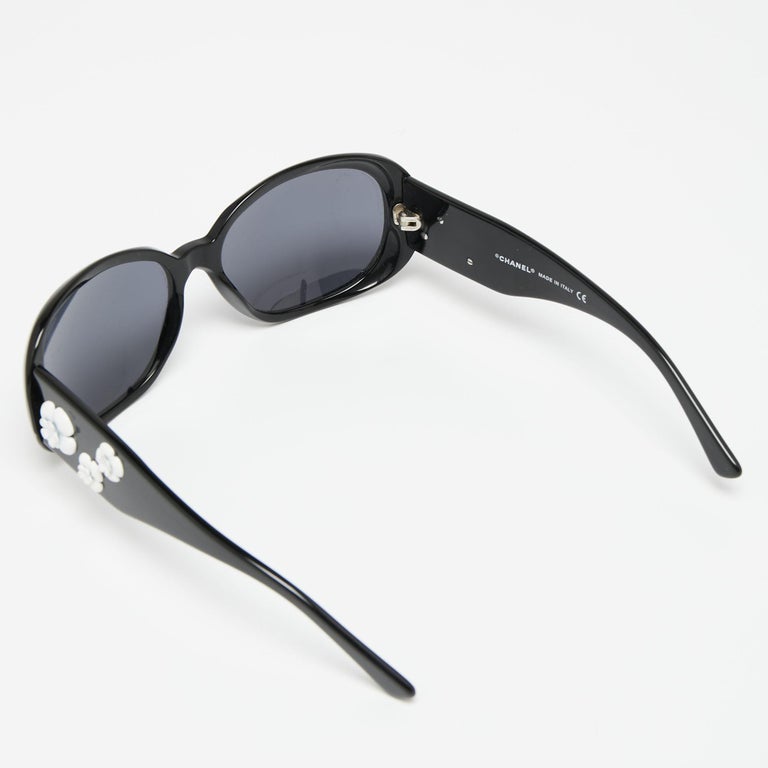 Chanel Black 5113 Camellia Embellished Rectangle Sunglasses at
