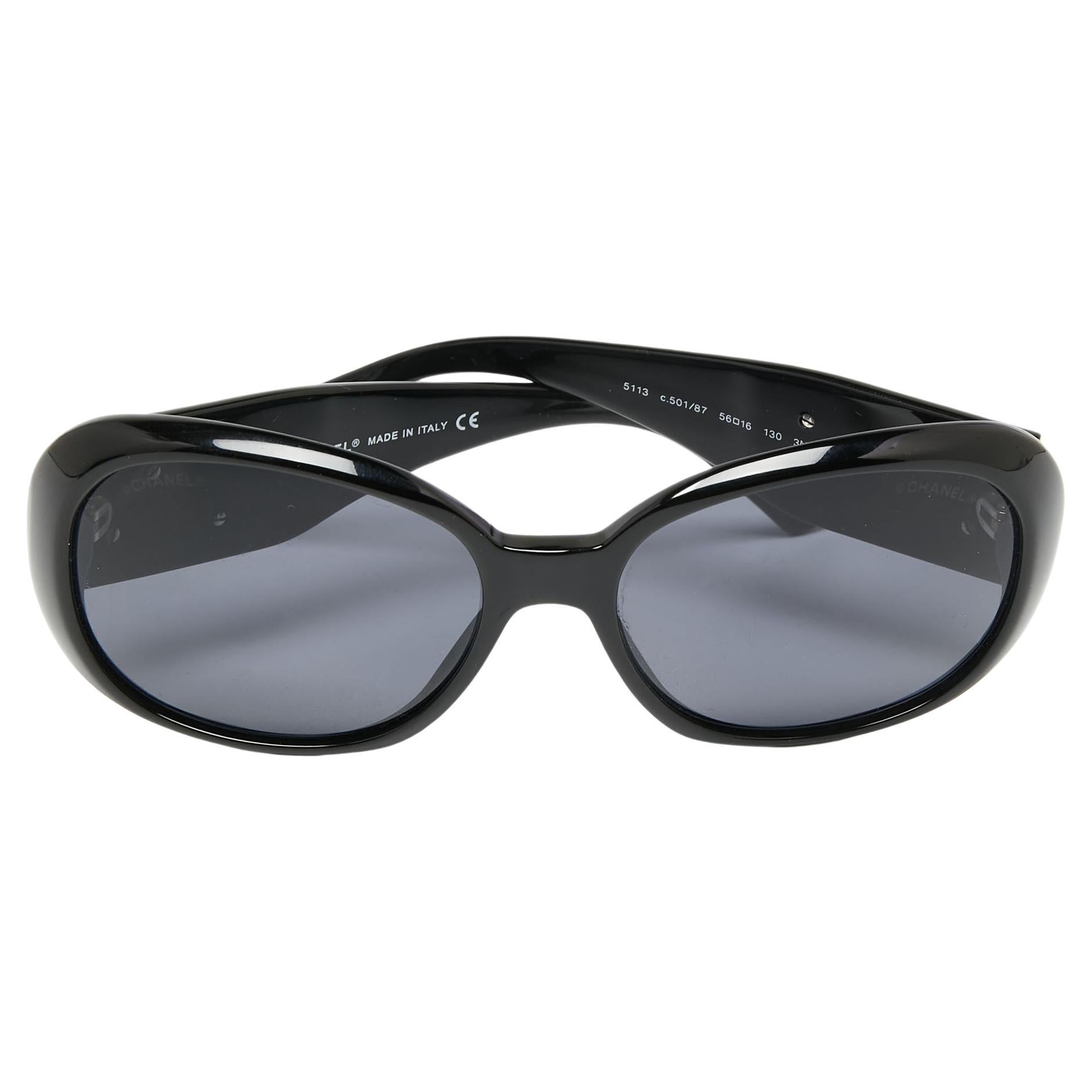 Chanel Black 5113 Camellia Embellished Rectangle Sunglasses at 1stDibs
