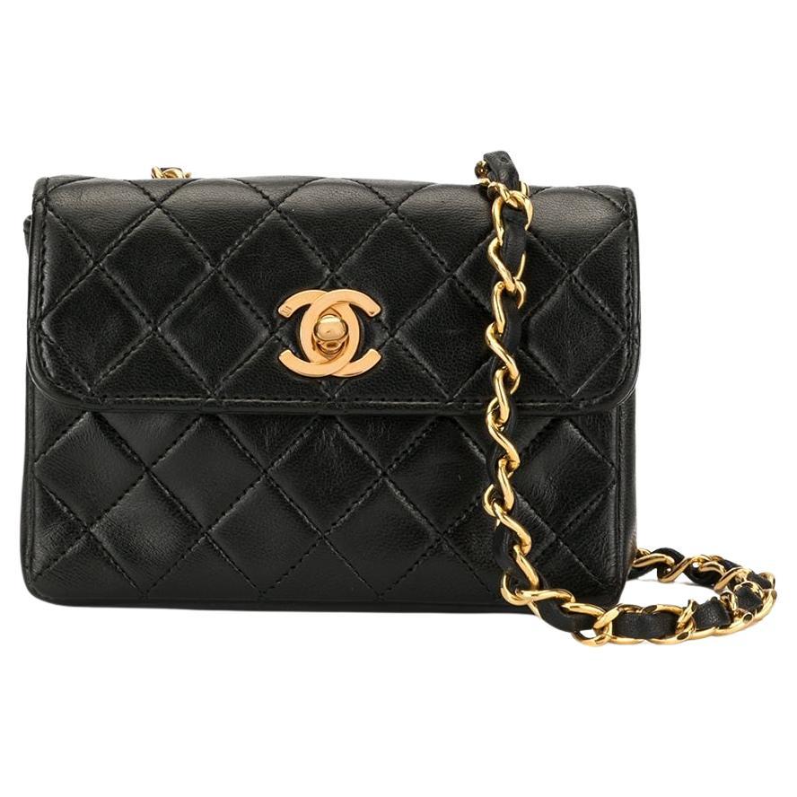 da uomo o donna Mini borsa a tracolla in pelle d'agnello Chanel nera anni '80 in vendita