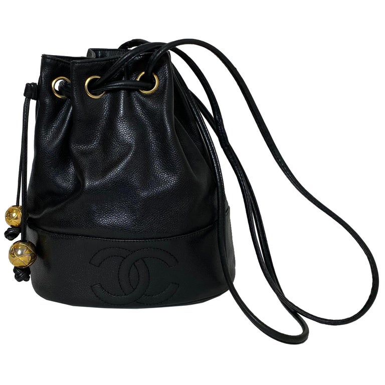 CHANEL Black Caviar Leather Vintage Classic Logo Trim Bucket Bag with Pouch  For Sale at 1stDibs