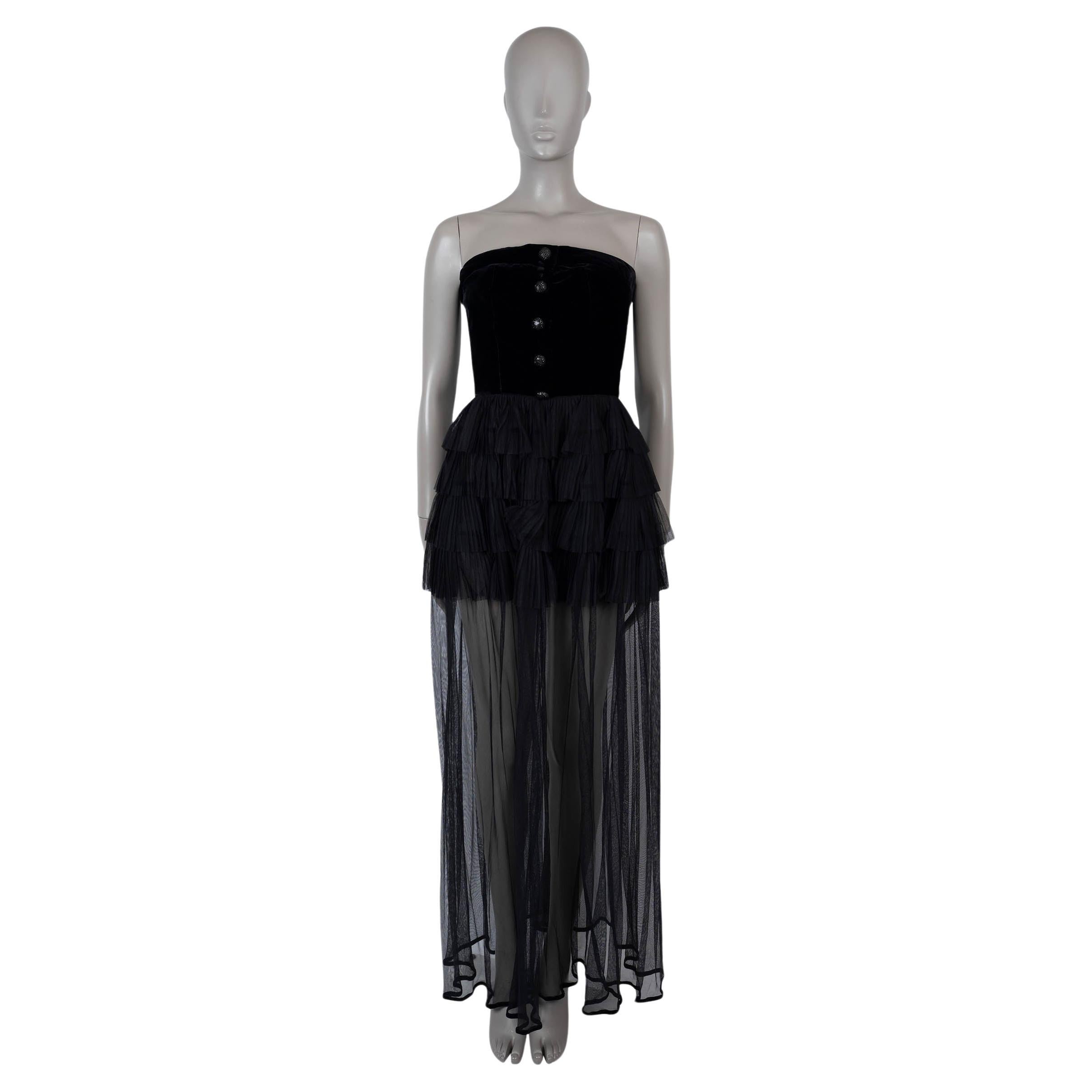 CHANEL black 91A TIERED VELVET & CHIFFON GOWN Dress 38 S