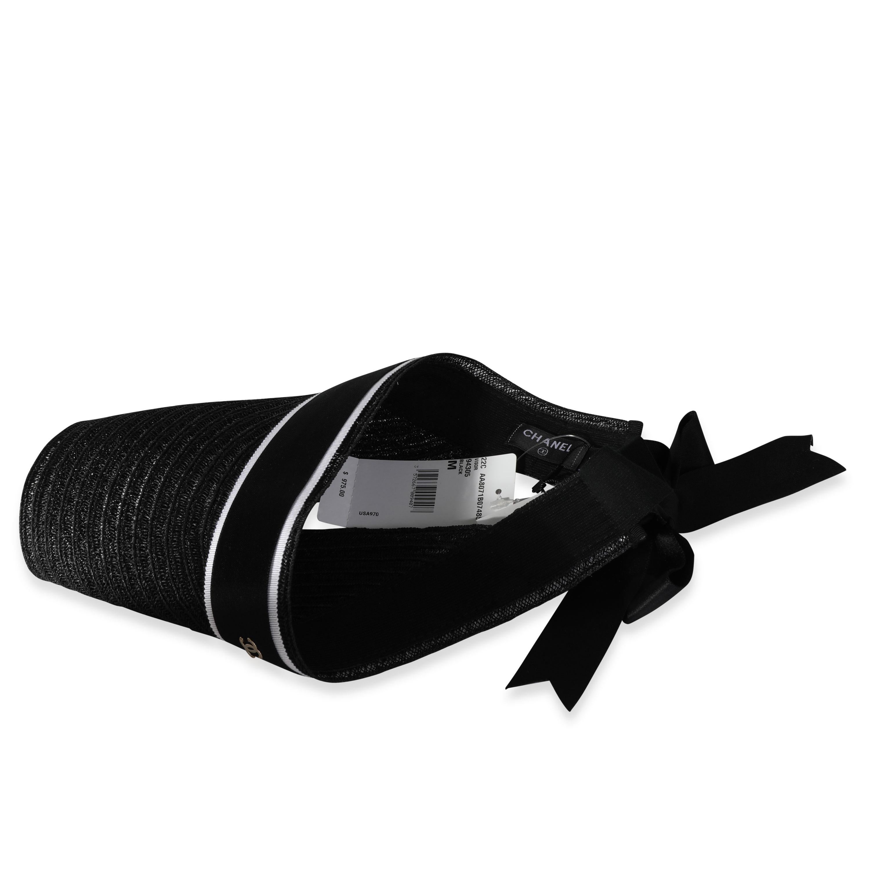 Chanel Black Abaca Cotton Ribbon Visor In Excellent Condition For Sale In New York, NY