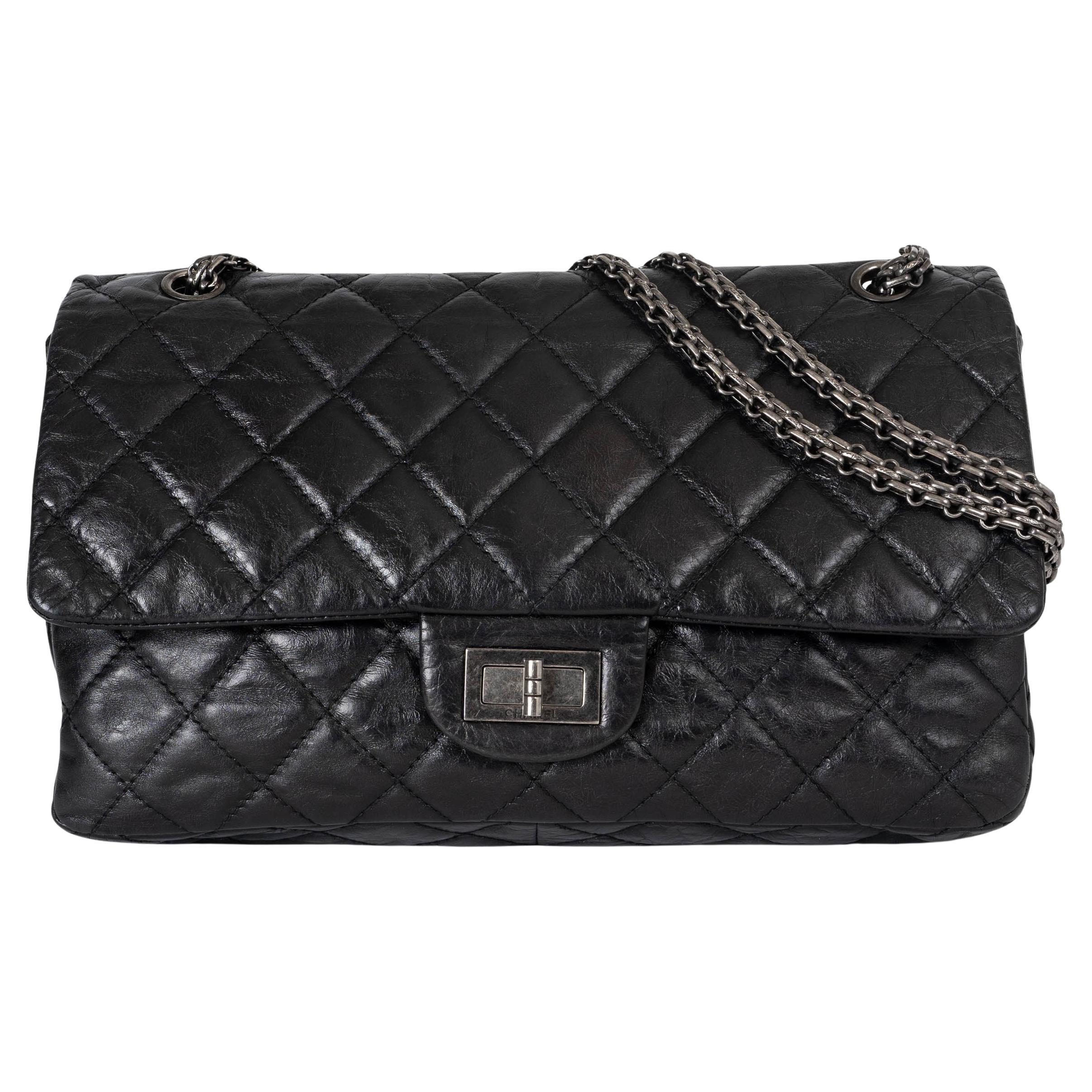 CHANEL black Aged calfskin leather 2.55 REISSUE 227 MAXI FLAP Shoulder Bag For Sale