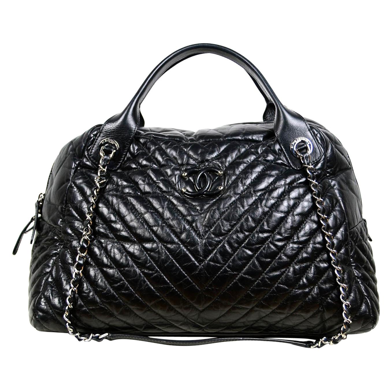 Chanel Black Aged Calfskin Leather Chevron Large Soft Bowling Bag rt. $4, 200