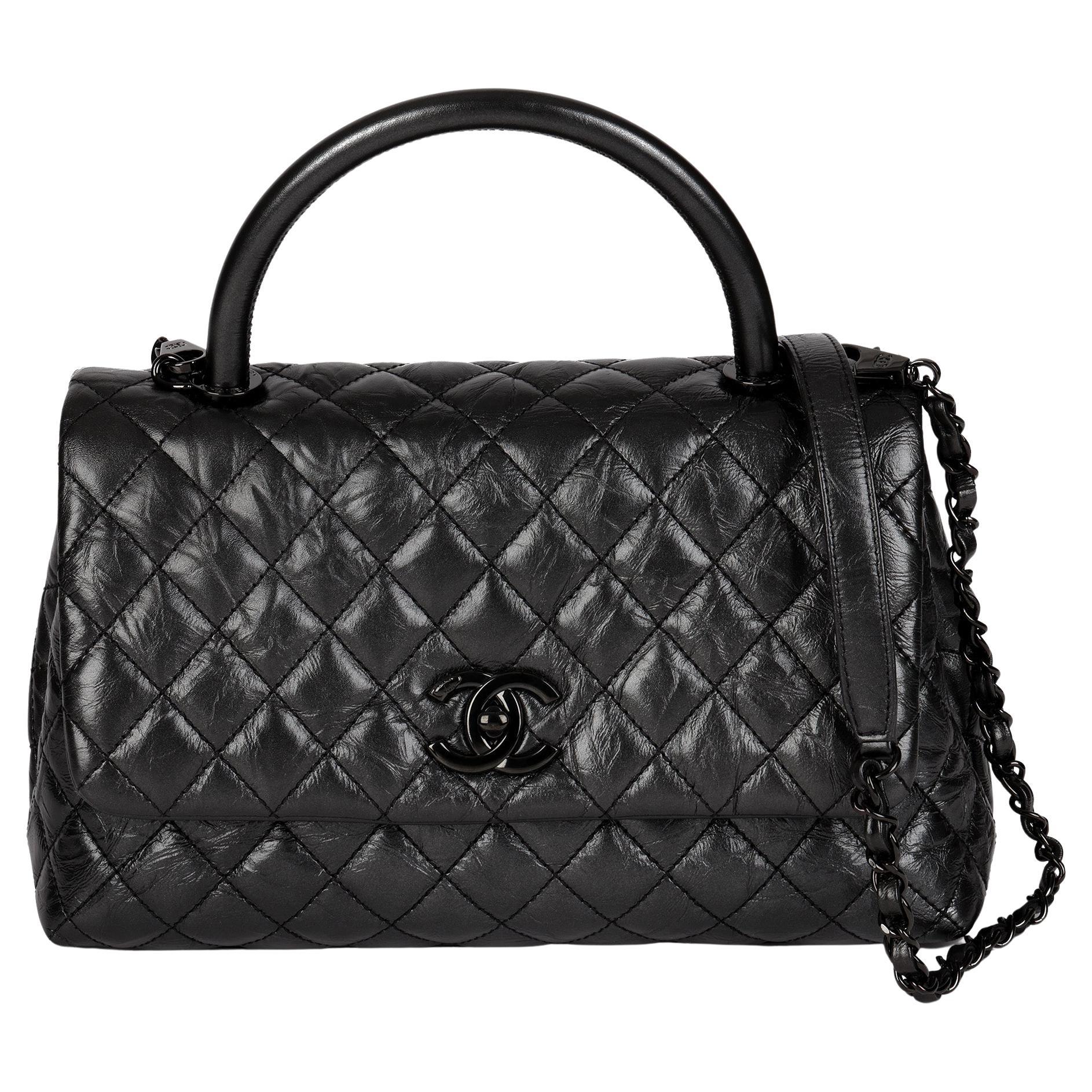 CHANEL Black Aged Calfskin Leather SO Black Medium Coco Top Handle